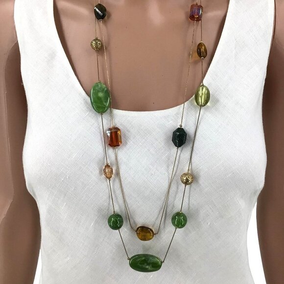 Double Strand Necklace Natural Stone Serpentine Aura Quartz Mixed Beaded - Picture 3 of 3